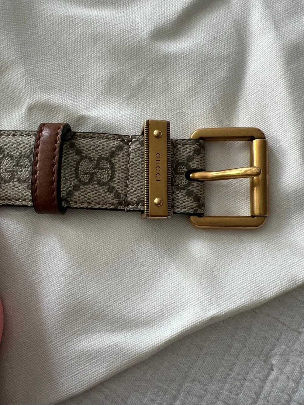 Gucci GG Canvas Belt in Beige Monogram with Brown Leather and Gold Buckle